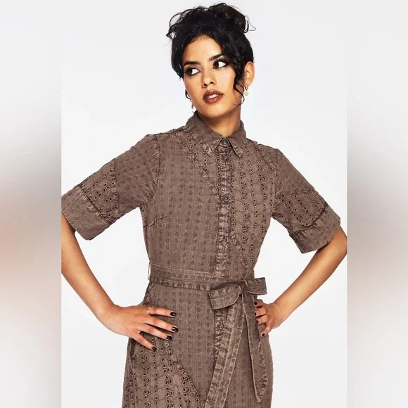 NWT Disturbia Summerisle Cotton Broderie Detail Tie Wrap Midi Shirt Dress US 6 - Picture 4 of 7